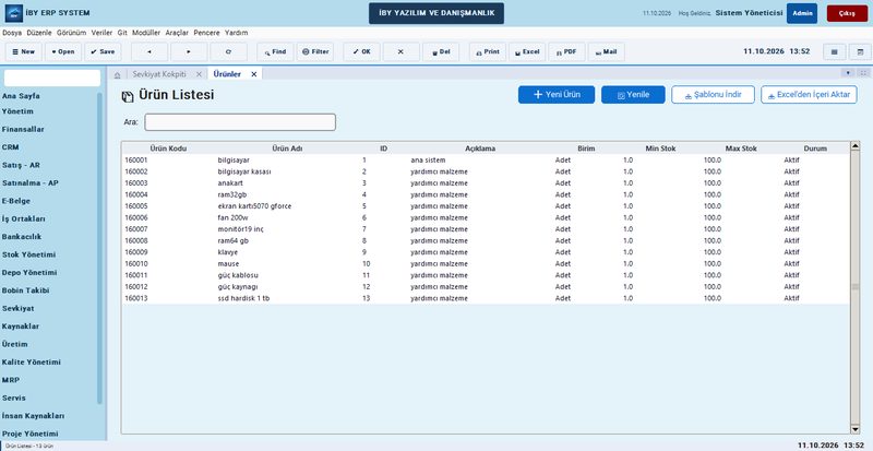 IBY ERP ürün listesi ve Excel'den içe aktarma